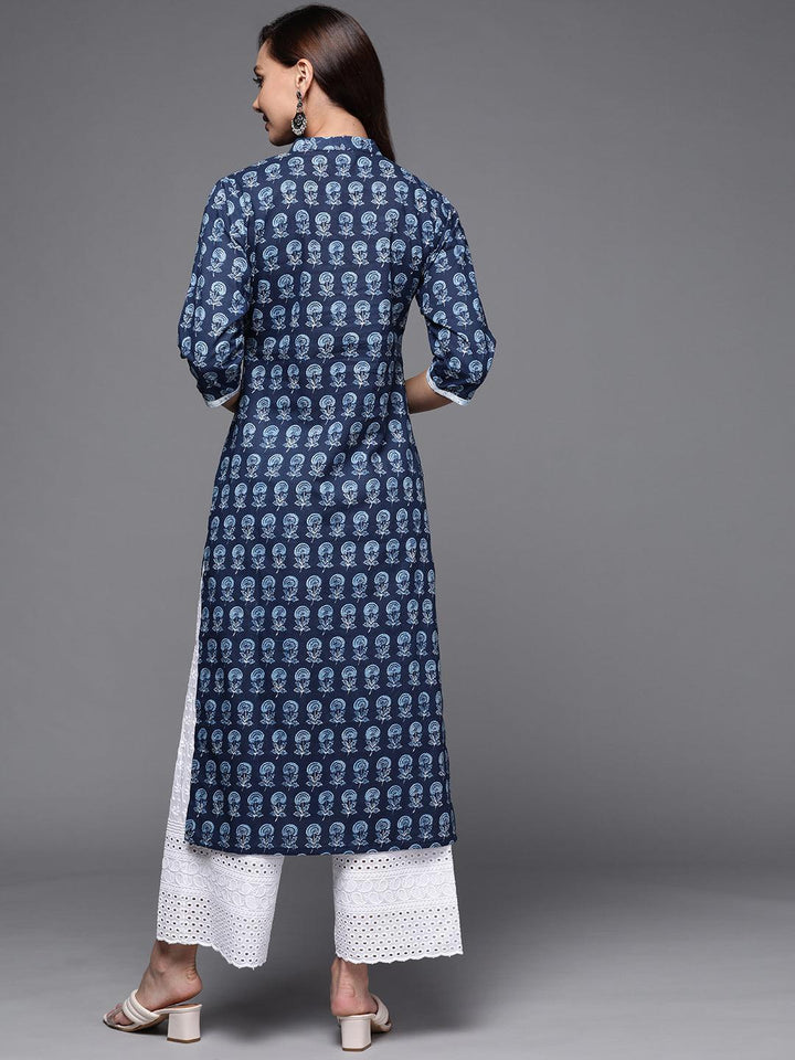 Navy Blue Printed Cotton Straight Kurta - ShopLibas