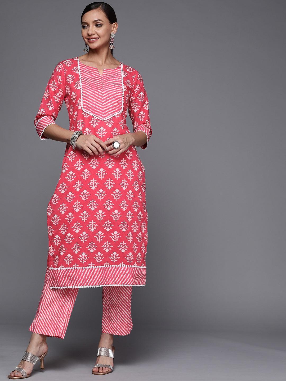 Pink Printed Cotton Straight Kurta - ShopLibas