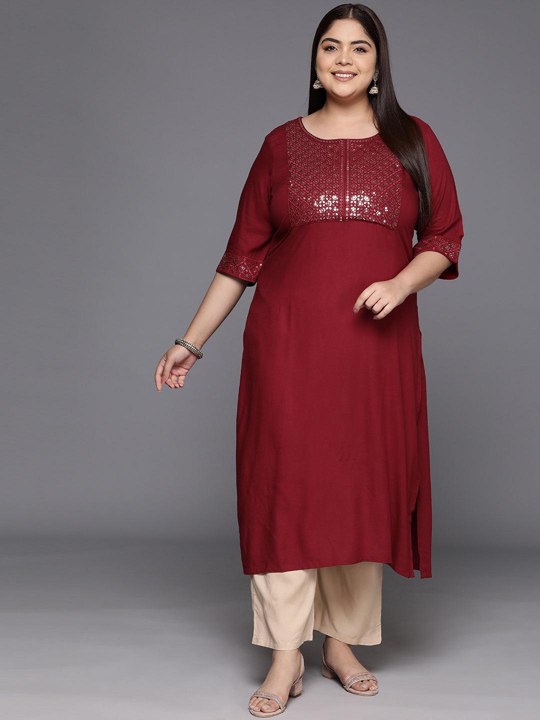 Pus Size Maroon Yoke Design Rayon Straight Kurta - ShopLibas