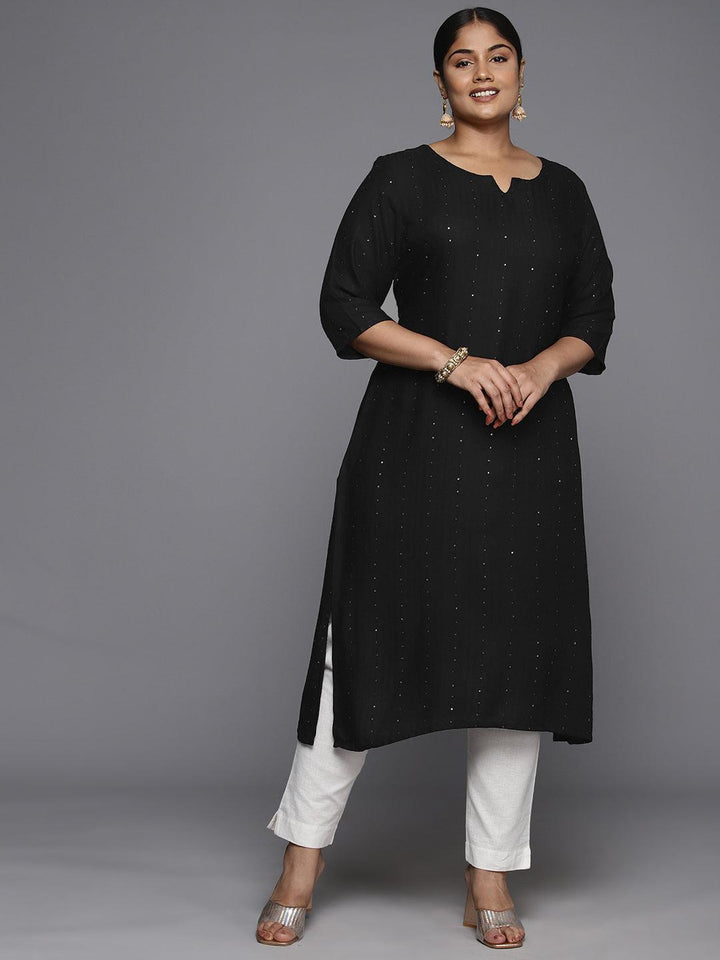 Plus Size Black Rayon Embroidered Straight Kurta - ShopLibas