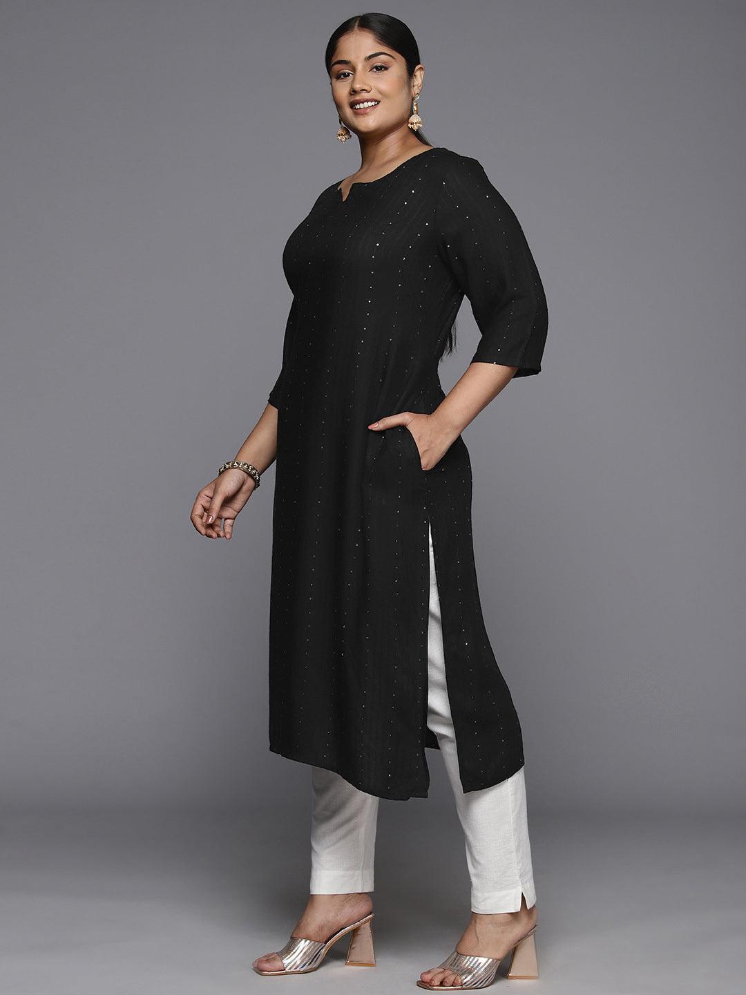 Plus Size Black Rayon Embroidered Straight Kurta - ShopLibas