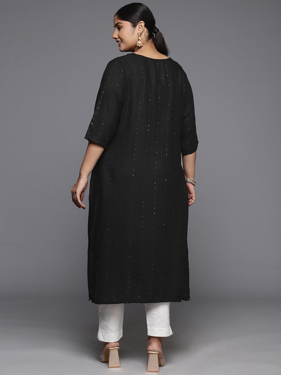 Plus Size Black Rayon Embroidered Straight Kurta - ShopLibas