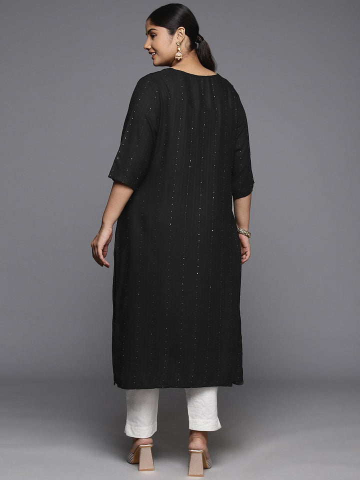 Plus Size Black Rayon Embroidered Straight Kurta - ShopLibas