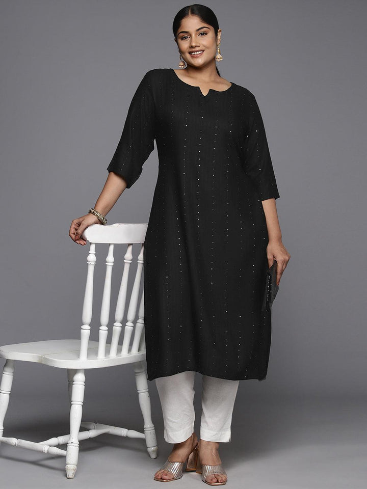 Plus Size Black Rayon Embroidered Straight Kurta - ShopLibas