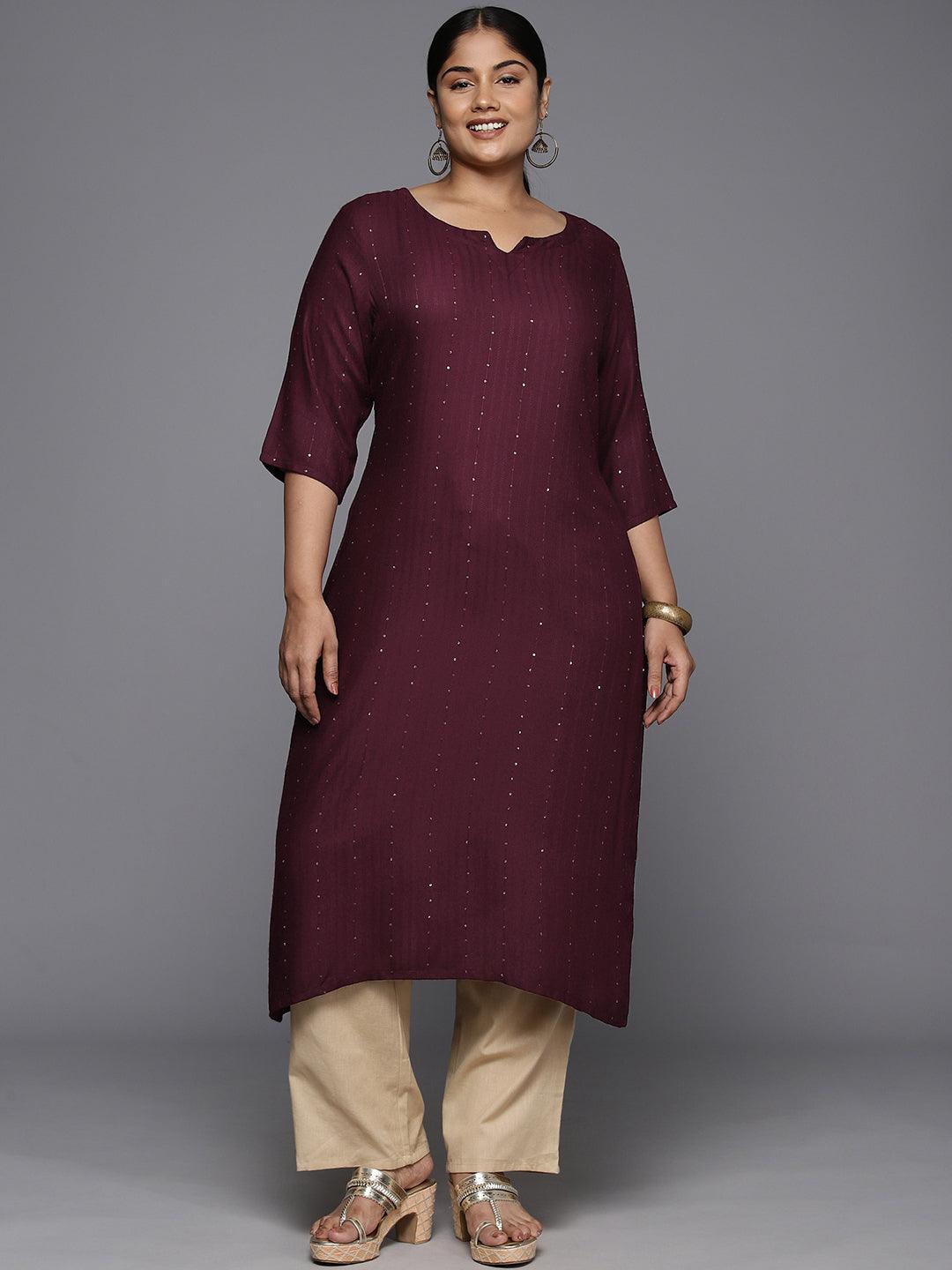 Plus Size Burgundy Rayon Embroidered Straight Kurta - ShopLibas
