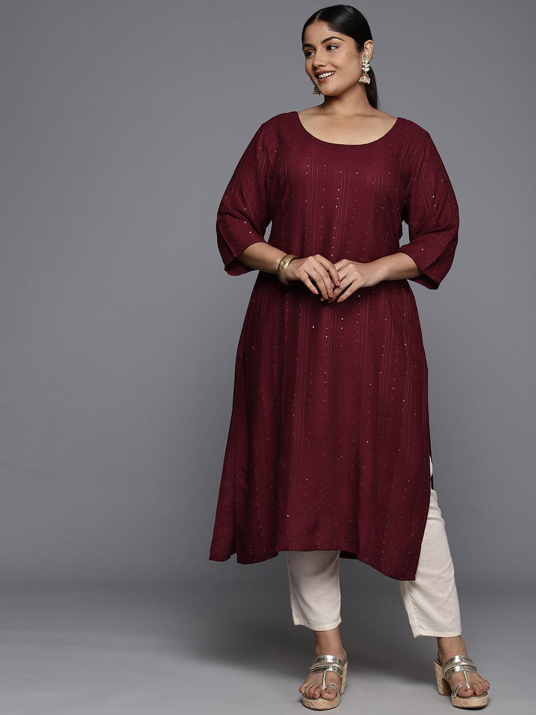 Plus Size Maroon Rayon Embroidered Straight Kurta - ShopLibas