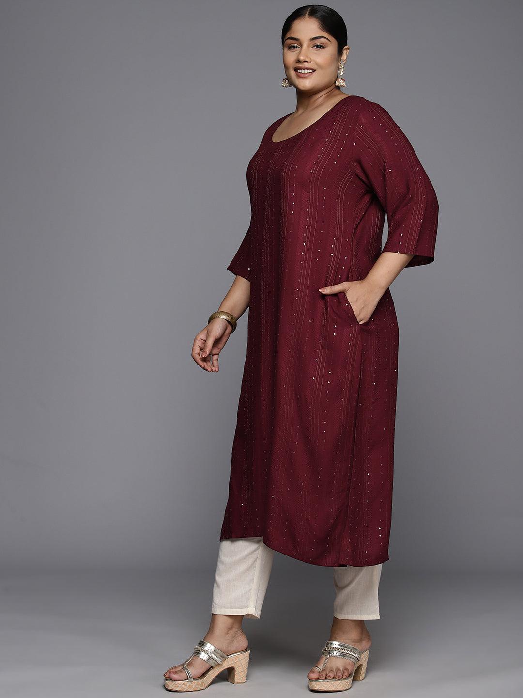 Plus Size Maroon Rayon Embroidered Straight Kurta - ShopLibas