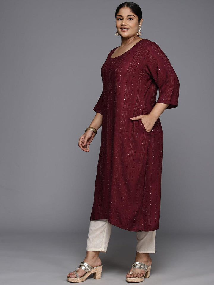 Plus Size Maroon Rayon Embroidered Straight Kurta - ShopLibas