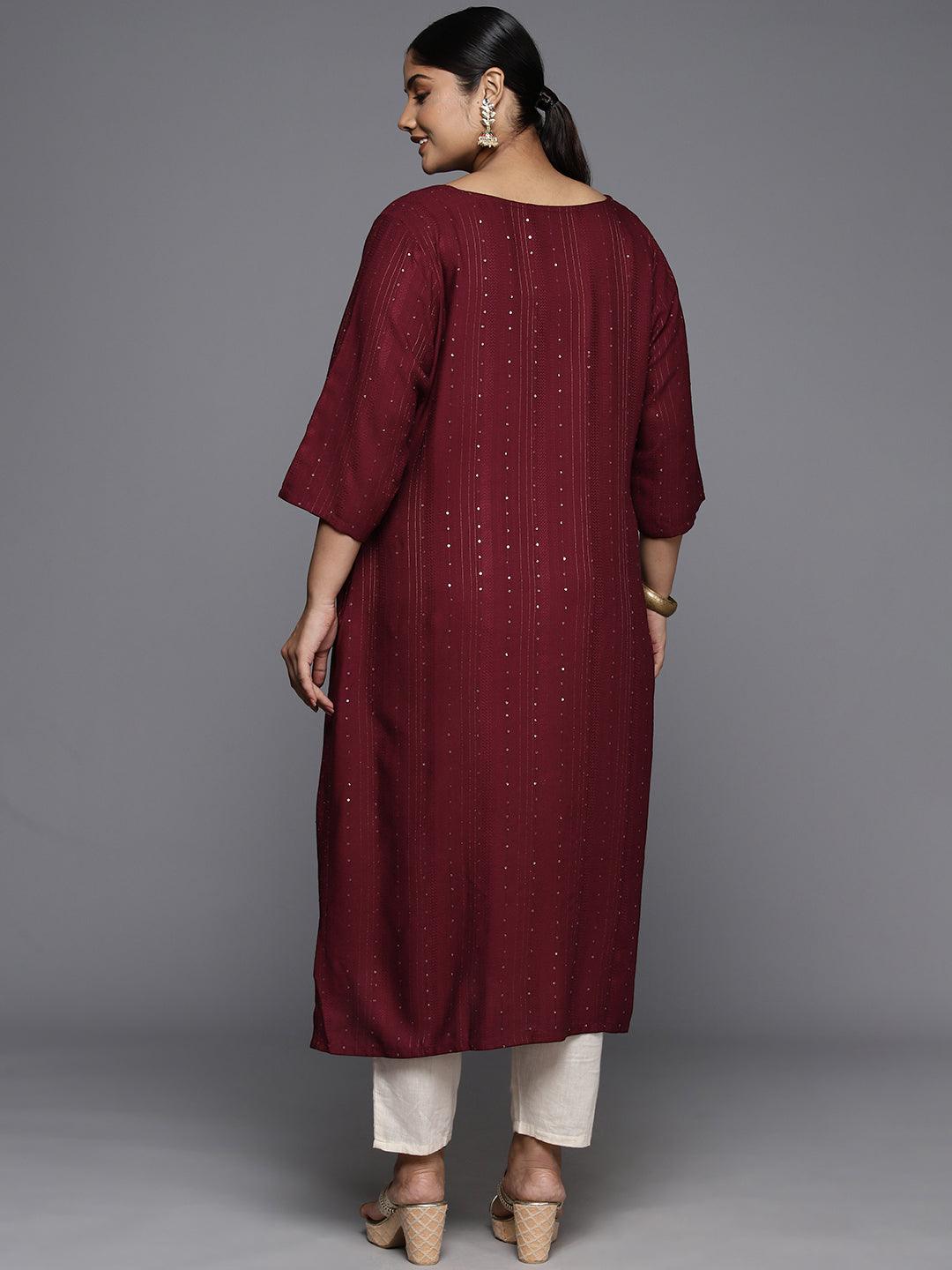 Plus Size Maroon Rayon Embroidered Straight Kurta - ShopLibas