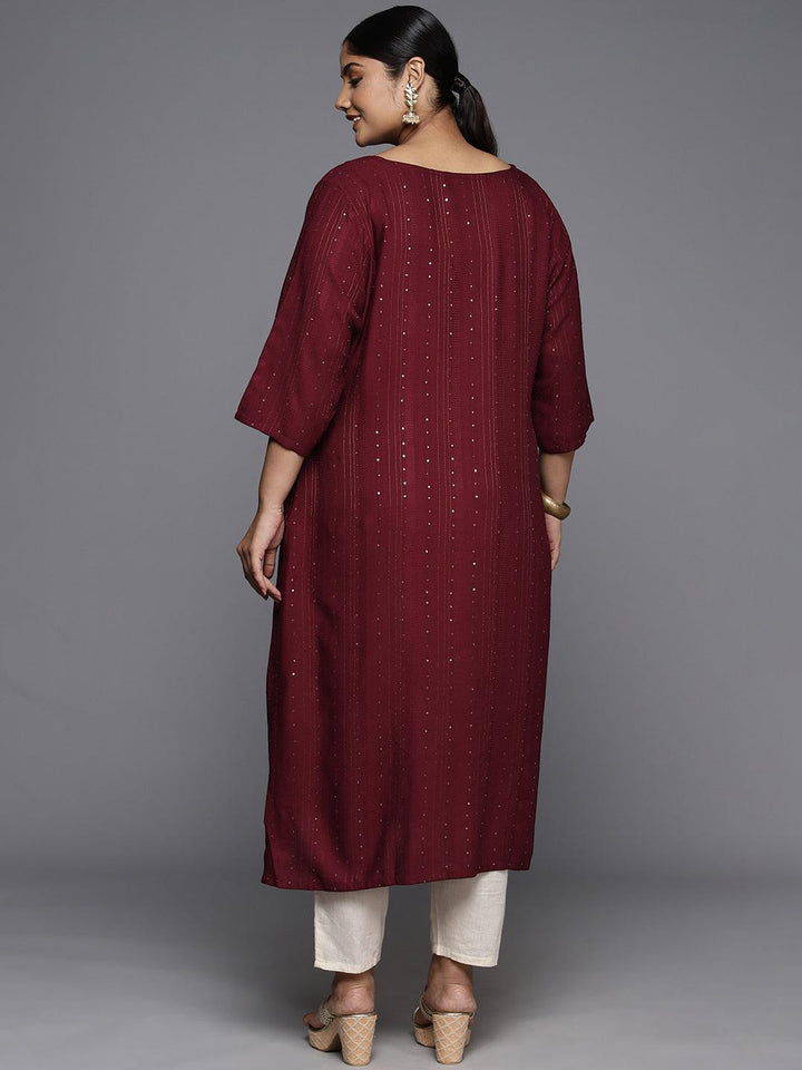 Plus Size Maroon Rayon Embroidered Straight Kurta - ShopLibas