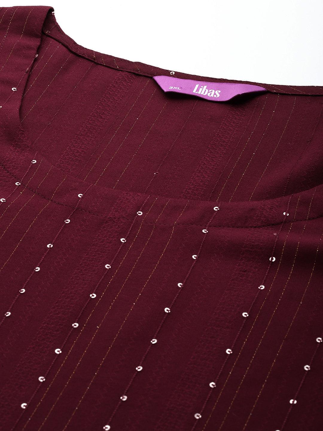 Plus Size Maroon Rayon Embroidered Straight Kurta - ShopLibas