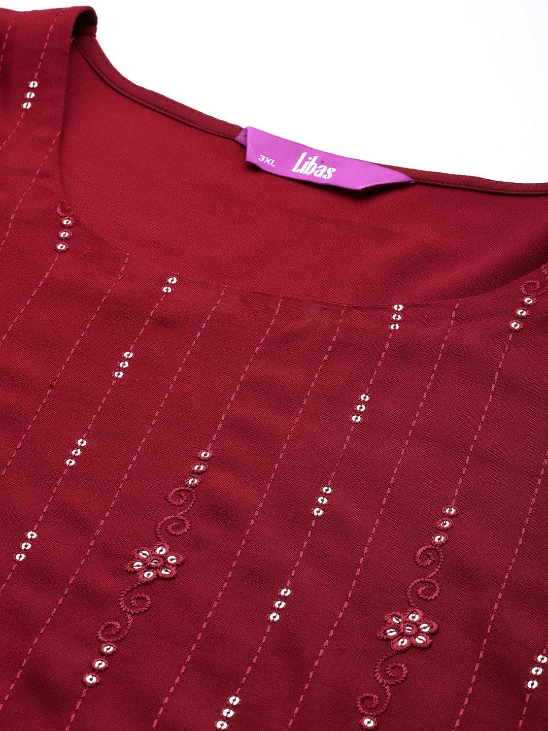Maroon Embroidered Rayon Straight Kurta - ShopLibas