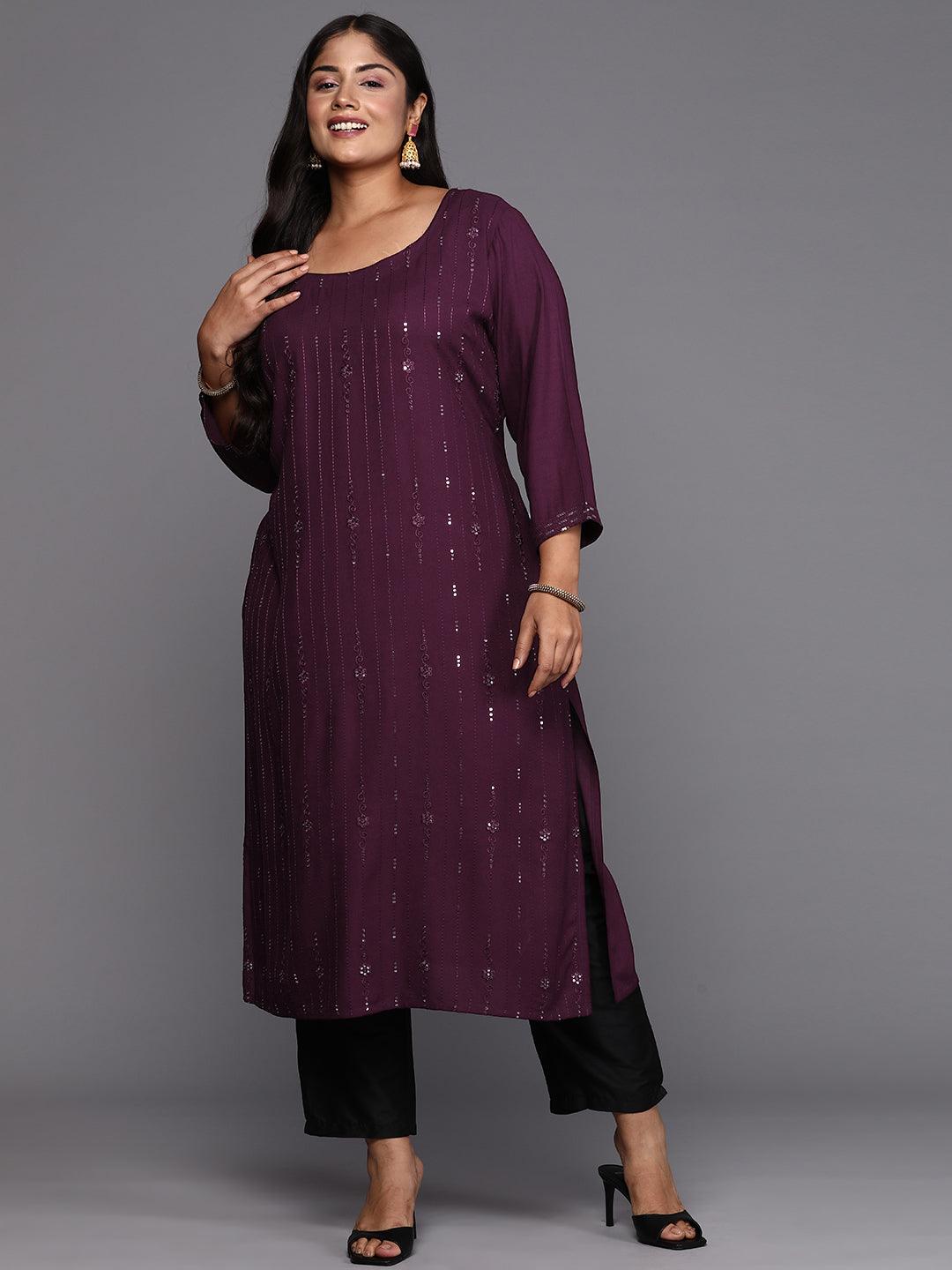 Wine Embroidered Rayon Straight Kurta - ShopLibas