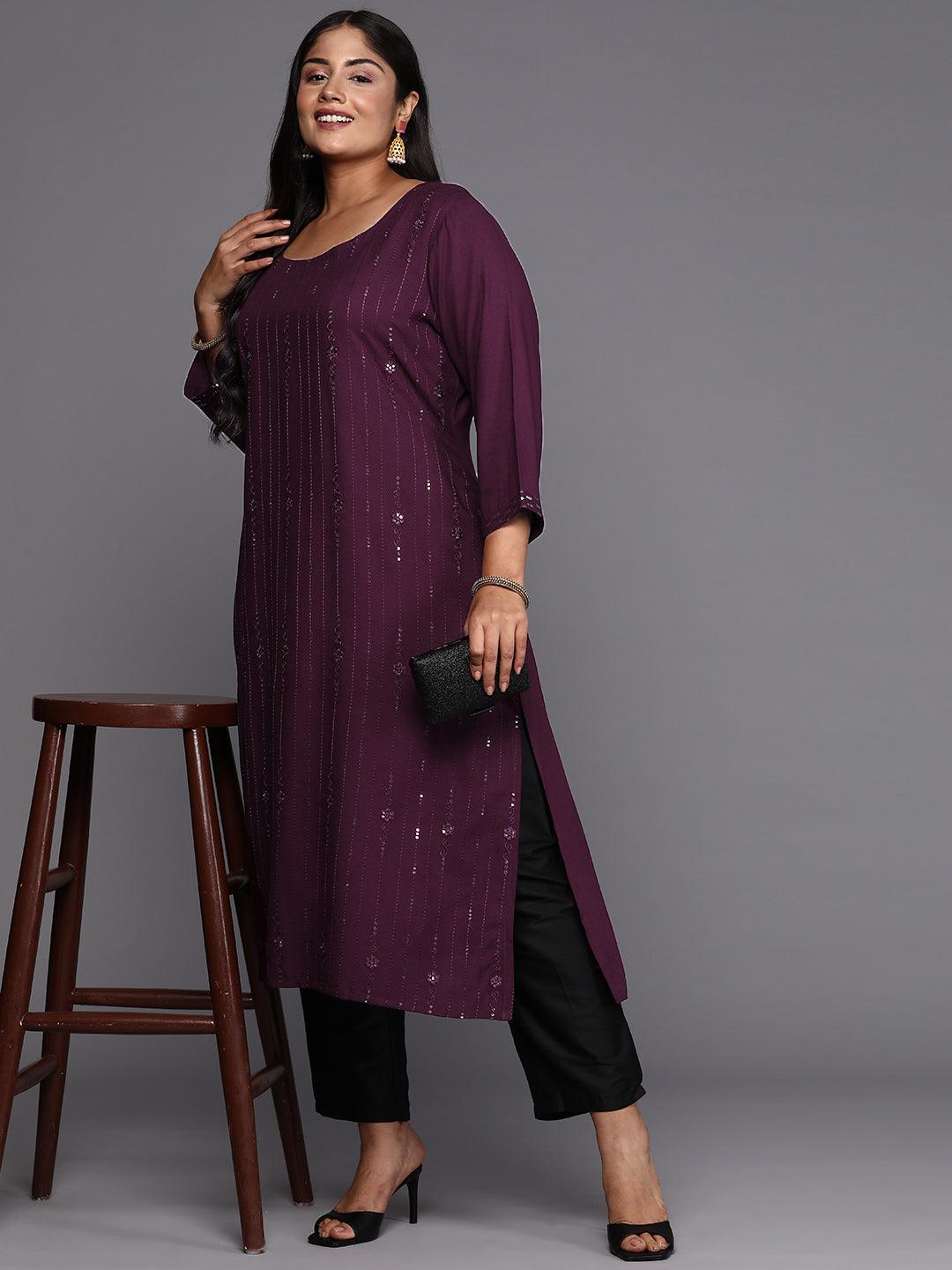 Wine Embroidered Rayon Straight Kurta - ShopLibas