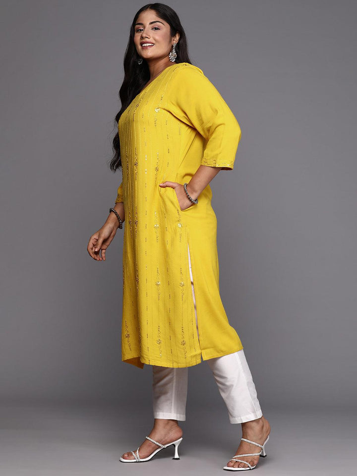 Mustard Embroidered Rayon Straight Kurta - ShopLibas