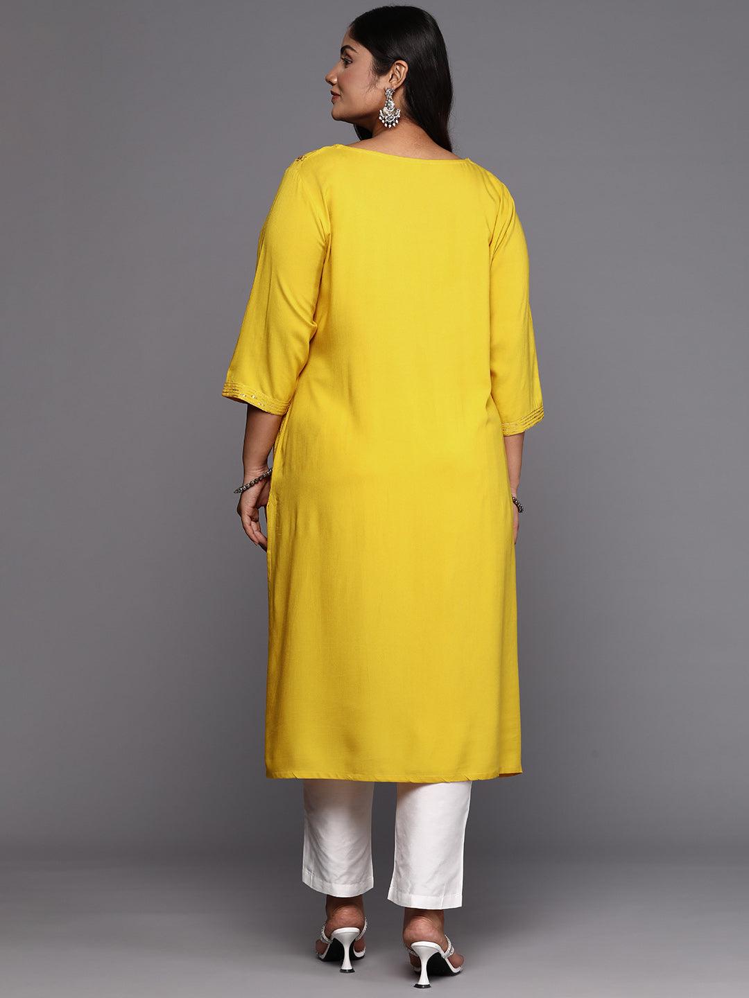 Mustard Embroidered Rayon Straight Kurta - ShopLibas