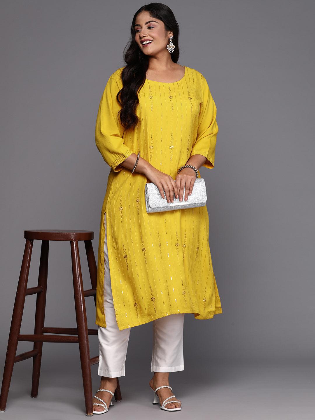 Mustard Embroidered Rayon Straight Kurta - ShopLibas