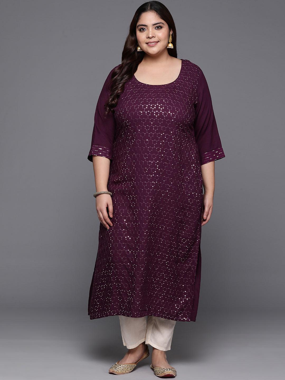 Plus Size Wine Embellished Rayon Straight Kurta - ShopLibas