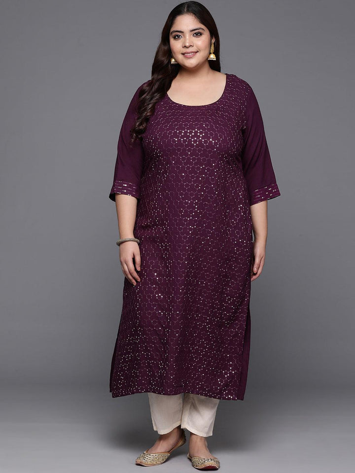 Plus Size Wine Embellished Rayon Straight Kurta - ShopLibas