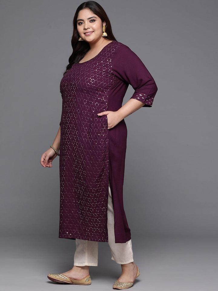 Plus Size Wine Embellished Rayon Straight Kurta - ShopLibas