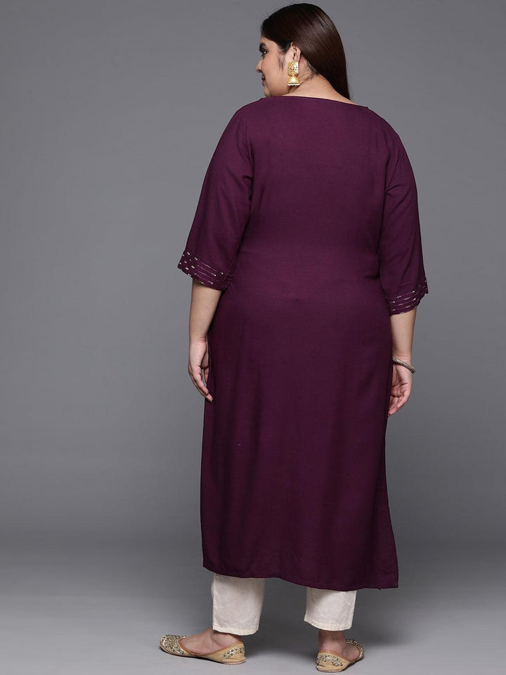 Plus Size Wine Embellished Rayon Straight Kurta - ShopLibas