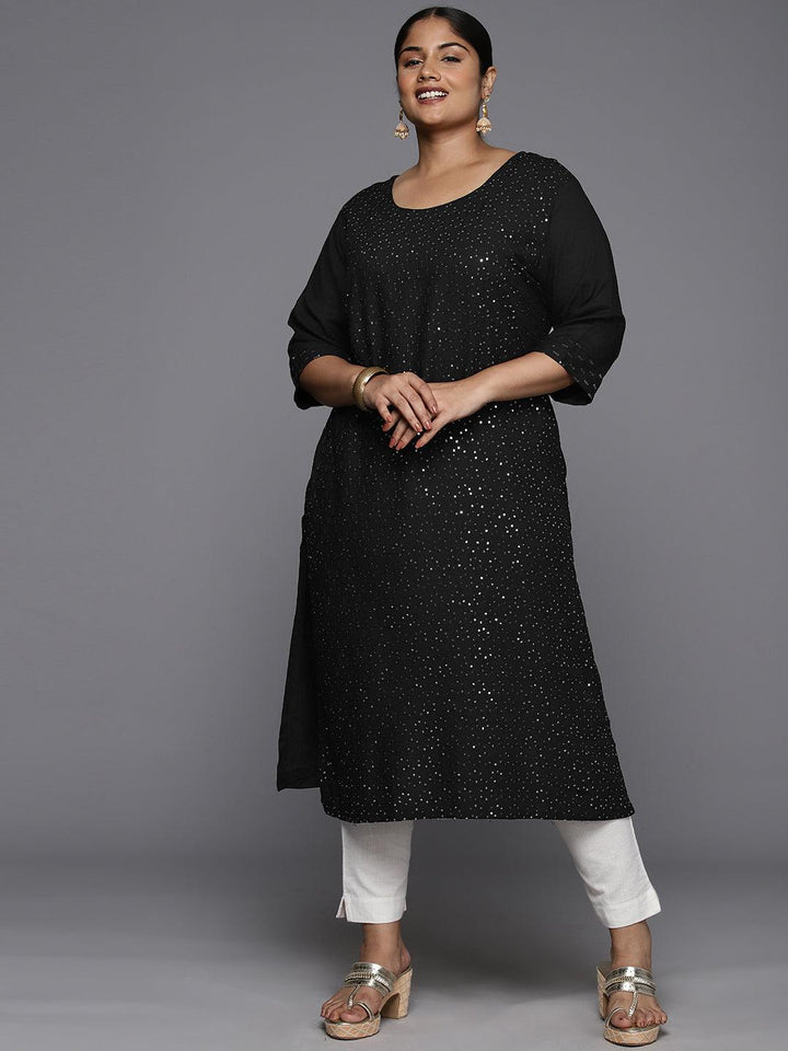 Plus Size Black Rayon Embroidered Straight Kurta - ShopLibas