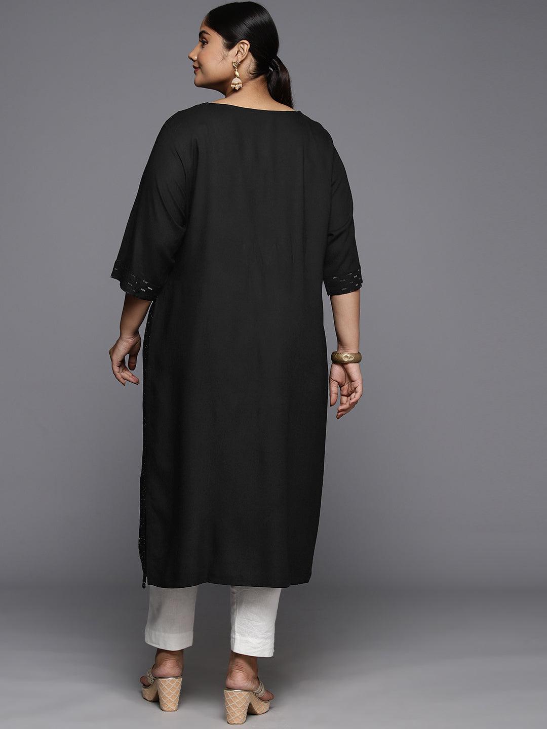 Plus Size Black Rayon Embroidered Straight Kurta - ShopLibas