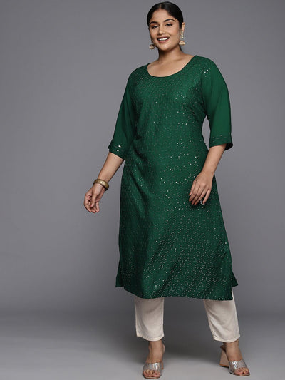 Plus Size Green Rayon Embroidered Straight Kurta - ShopLibas