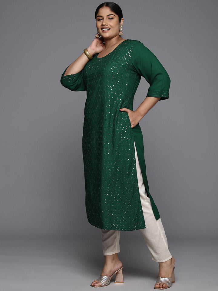 Plus Size Green Rayon Embroidered Straight Kurta - ShopLibas