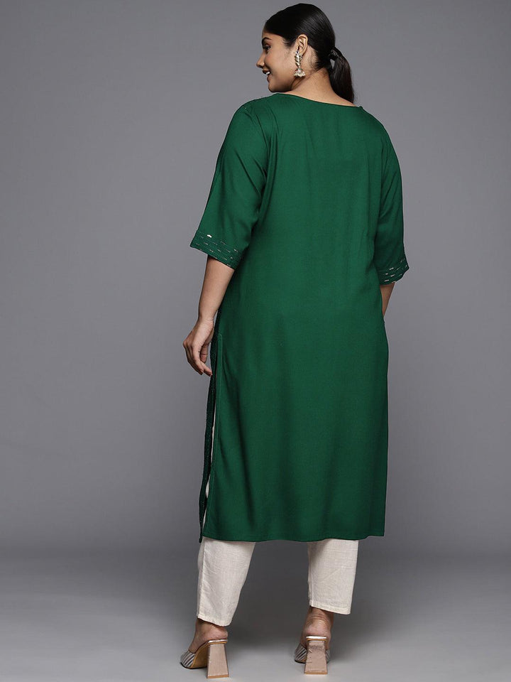 Plus Size Green Rayon Embroidered Straight Kurta - ShopLibas