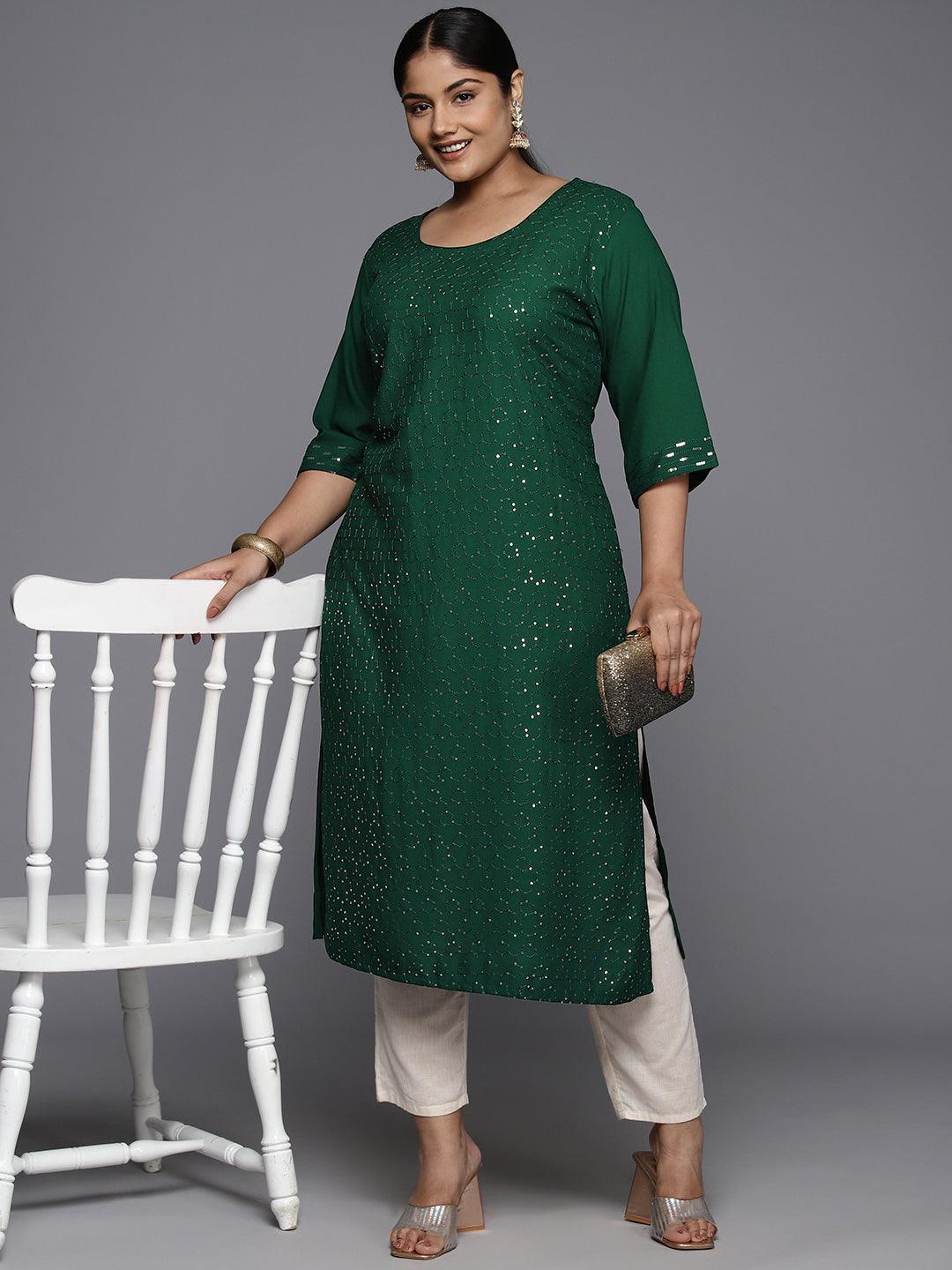 Plus Size Green Rayon Embroidered Straight Kurta - ShopLibas