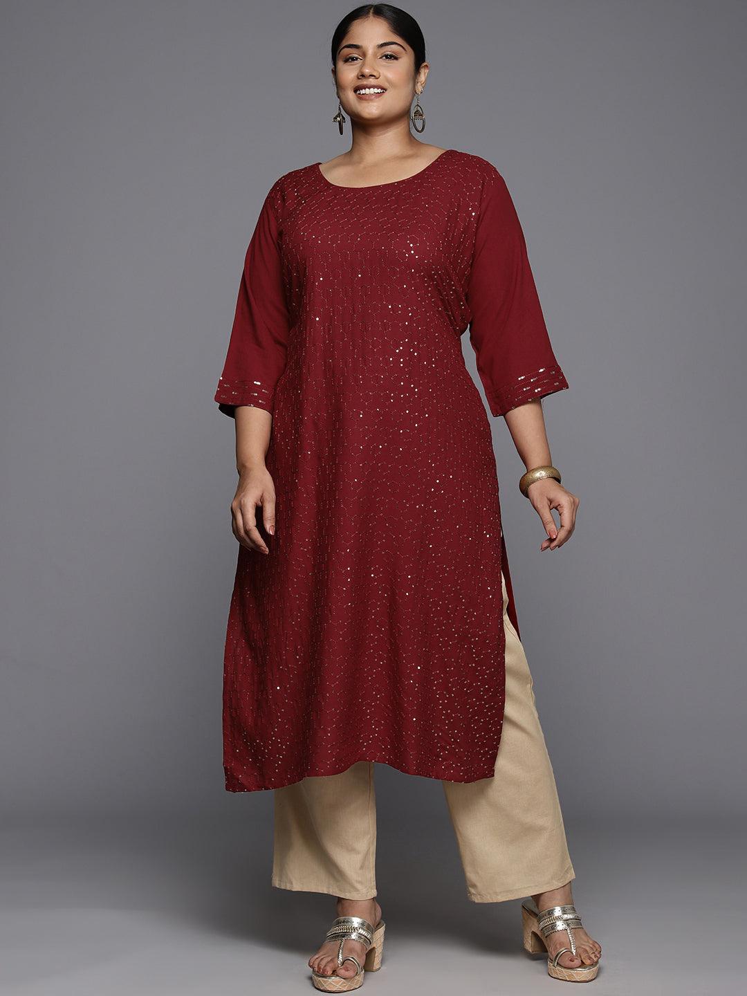 Plus Size Maroon Rayon Embroidered Straight Kurta - ShopLibas