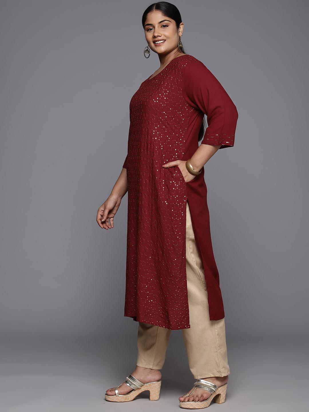 Plus Size Maroon Rayon Embroidered Straight Kurta - ShopLibas