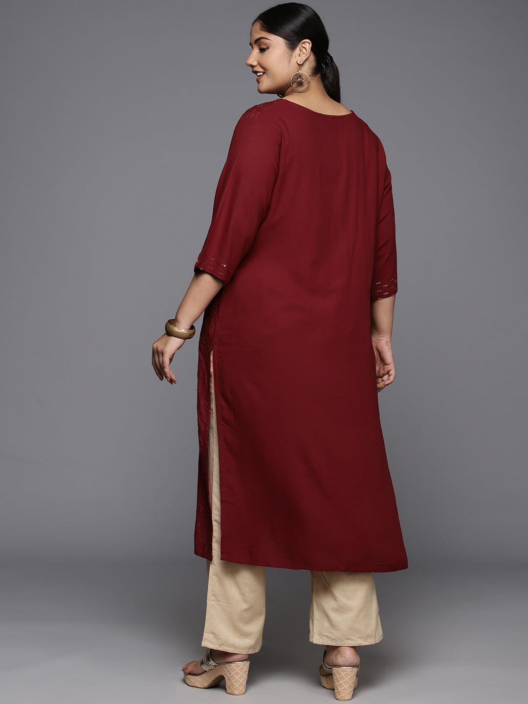 Plus Size Maroon Rayon Embroidered Straight Kurta - ShopLibas