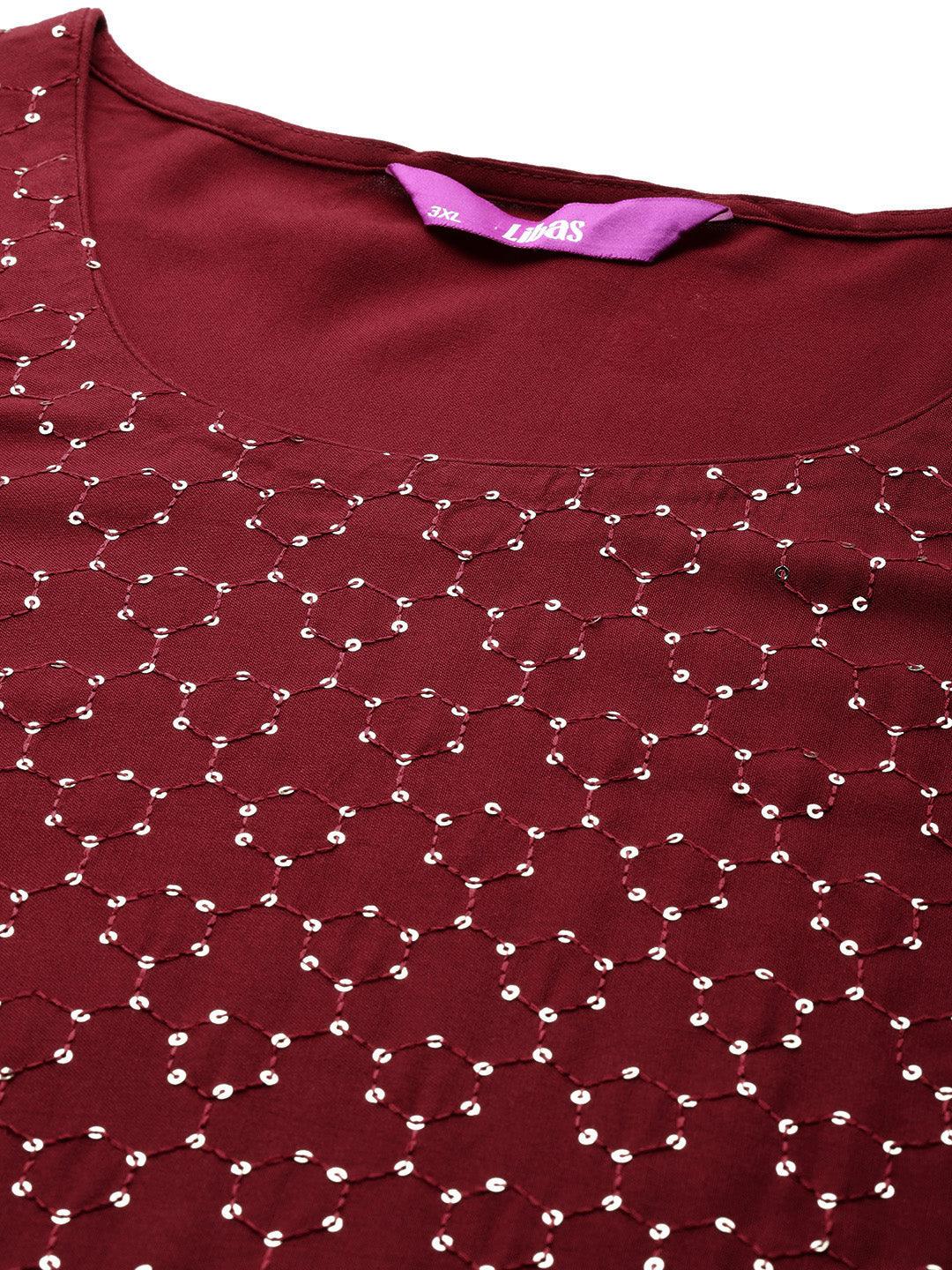 Plus Size Maroon Rayon Embroidered Straight Kurta - ShopLibas