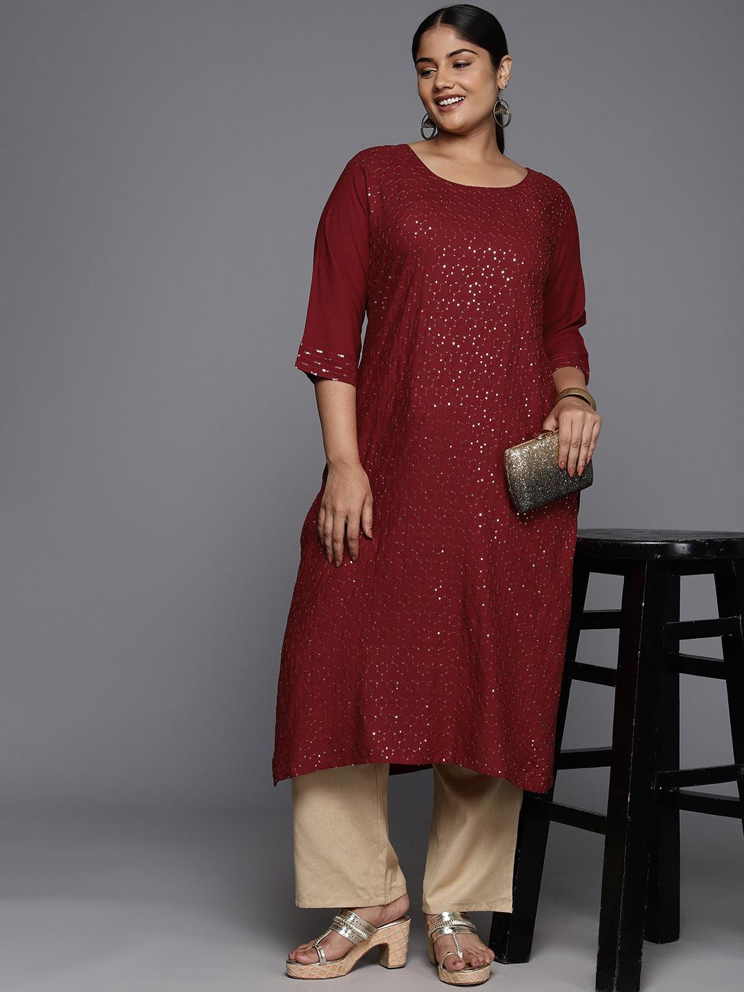 Plus Size Maroon Rayon Embroidered Straight Kurta - ShopLibas
