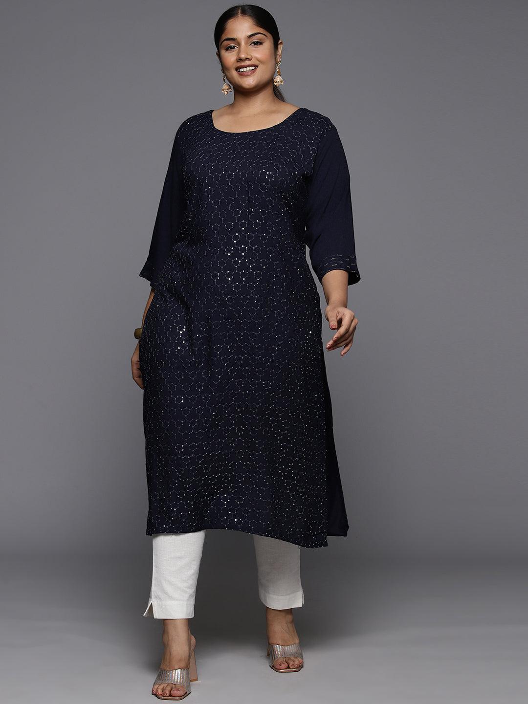 Plus Size Blue Rayon Embroidered Straight Kurta - ShopLibas