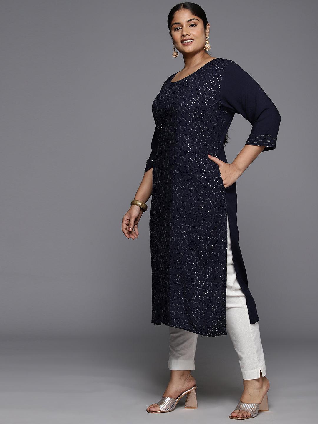 Plus Size Blue Rayon Embroidered Straight Kurta - ShopLibas