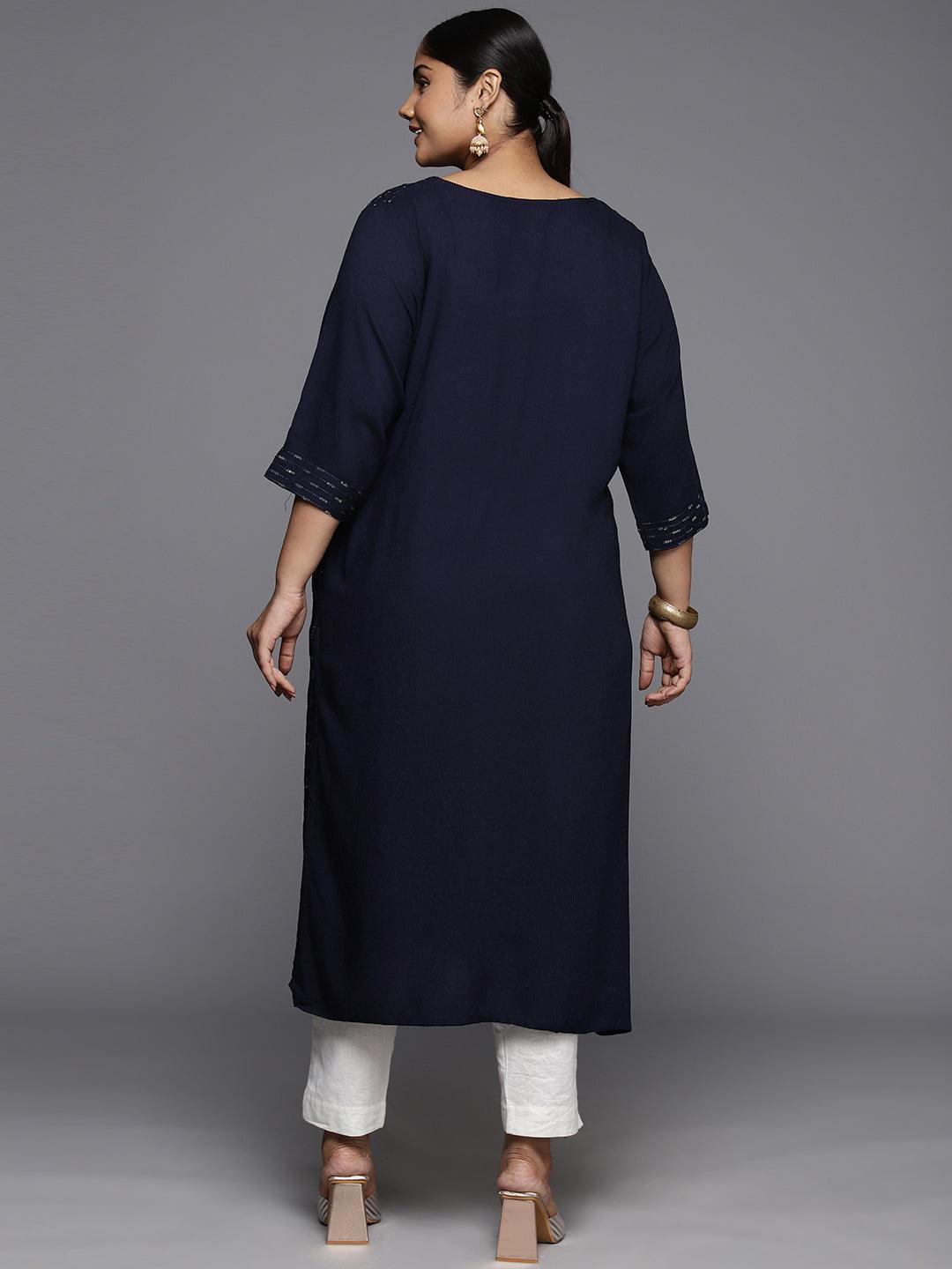 Plus Size Blue Rayon Embroidered Straight Kurta - ShopLibas