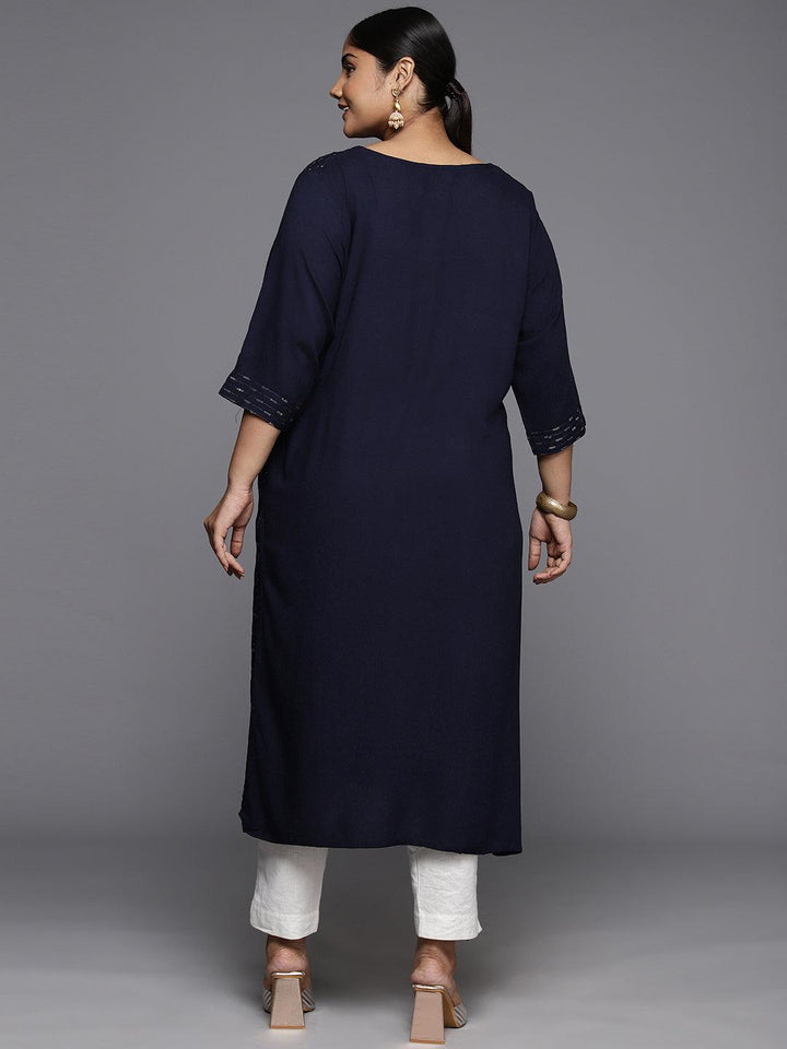 Plus Size Blue Rayon Embroidered Straight Kurta - ShopLibas