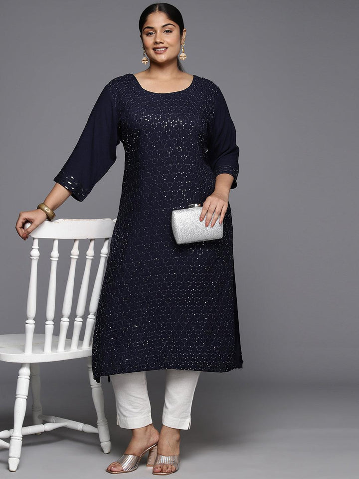 Plus Size Blue Rayon Embroidered Straight Kurta - ShopLibas