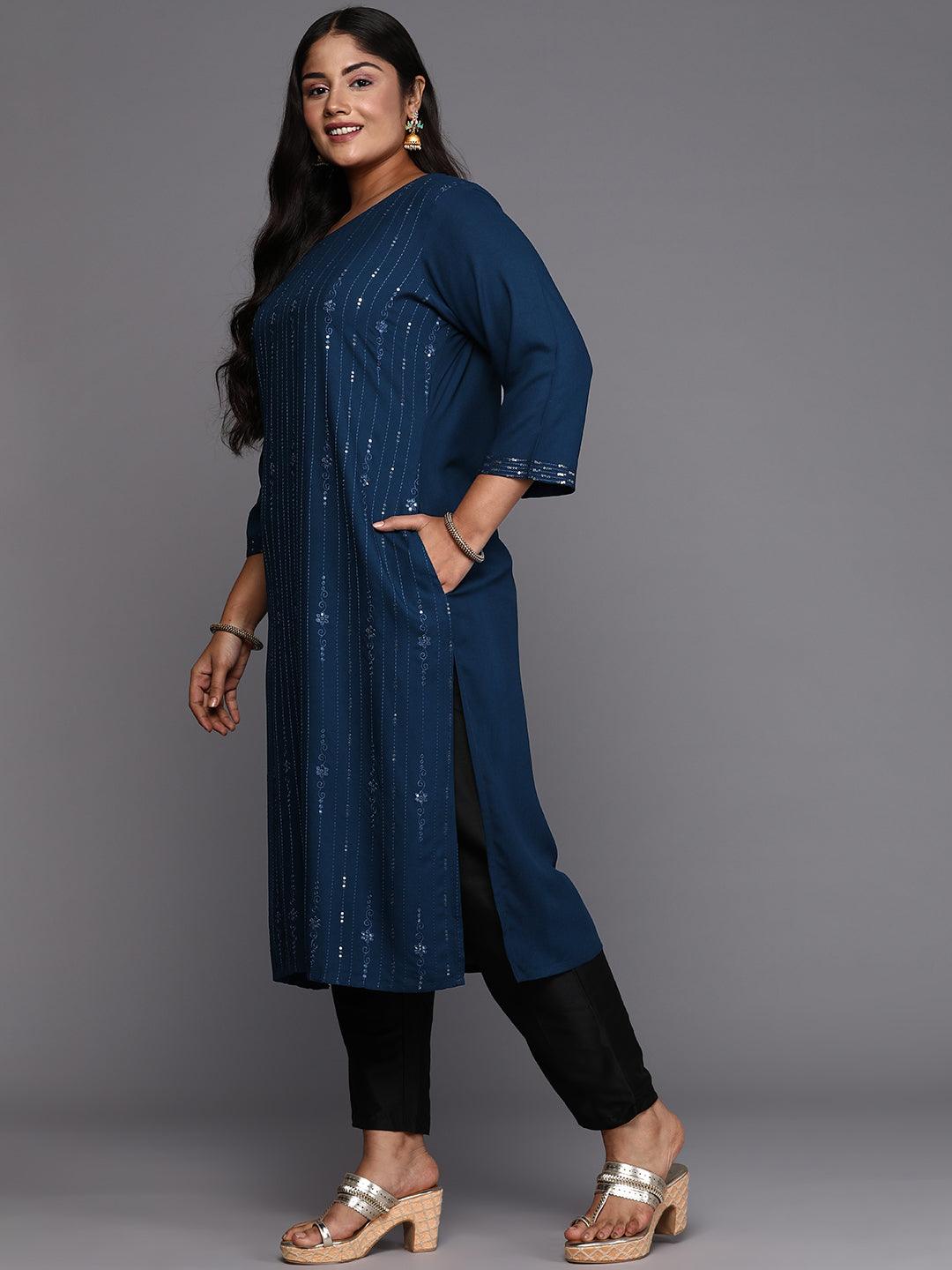 Blue Embroidered Rayon Straight Kurta - ShopLibas