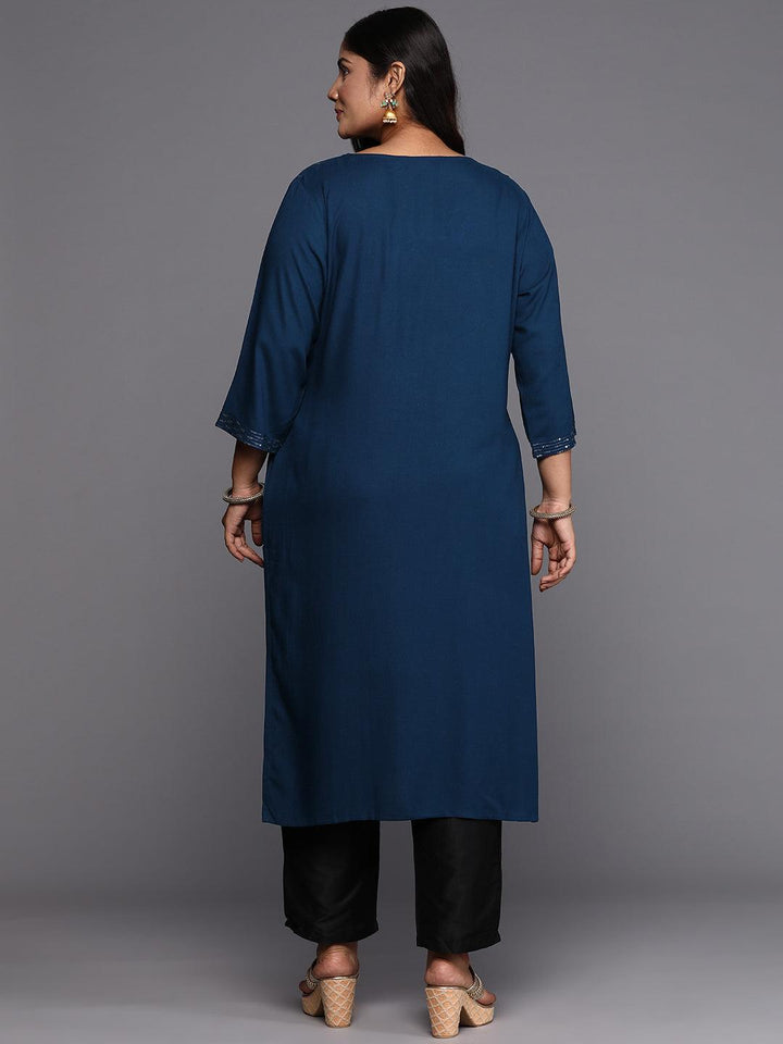 Blue Embroidered Rayon Straight Kurta - ShopLibas