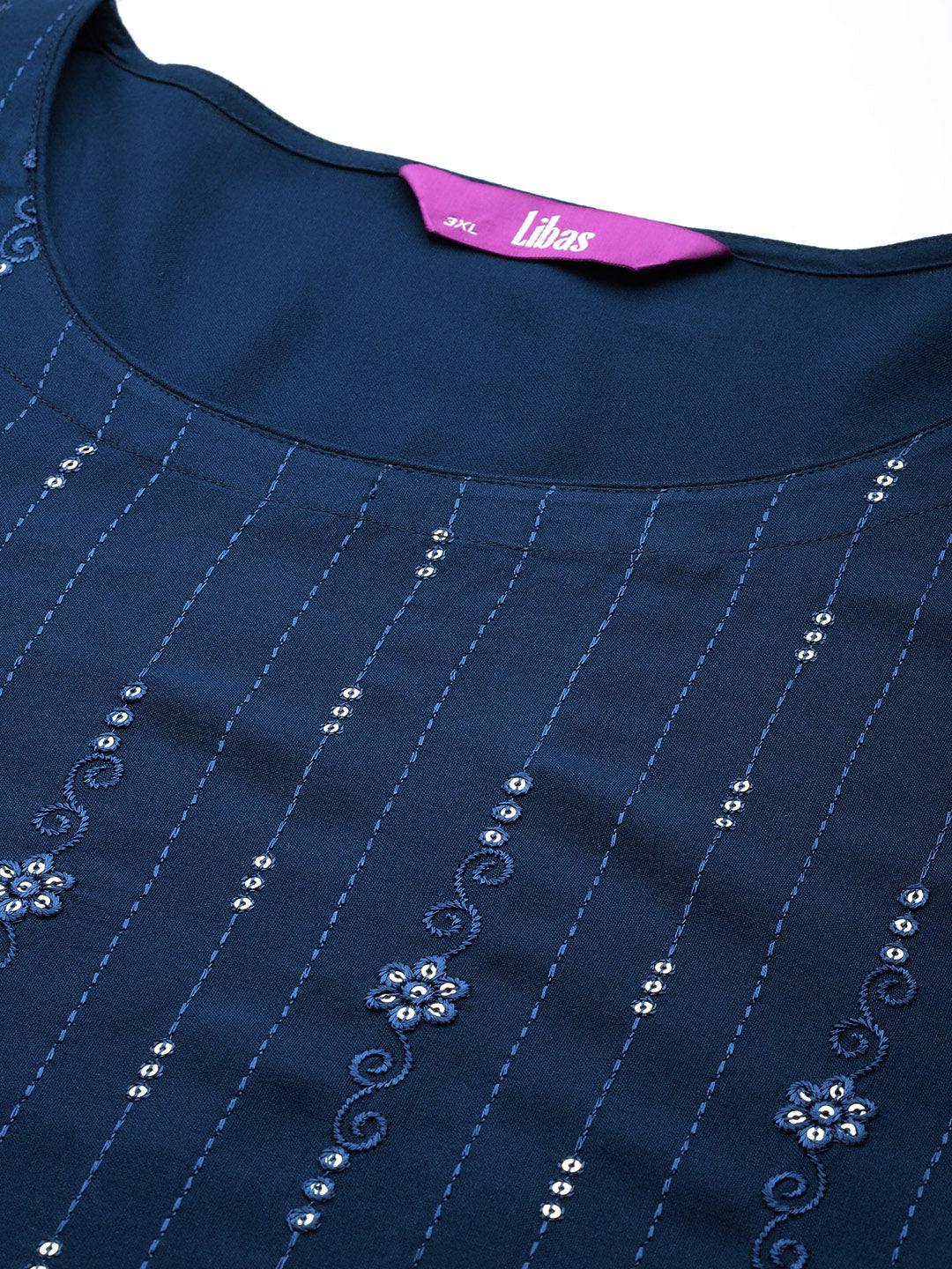 Blue Embroidered Rayon Straight Kurta - ShopLibas
