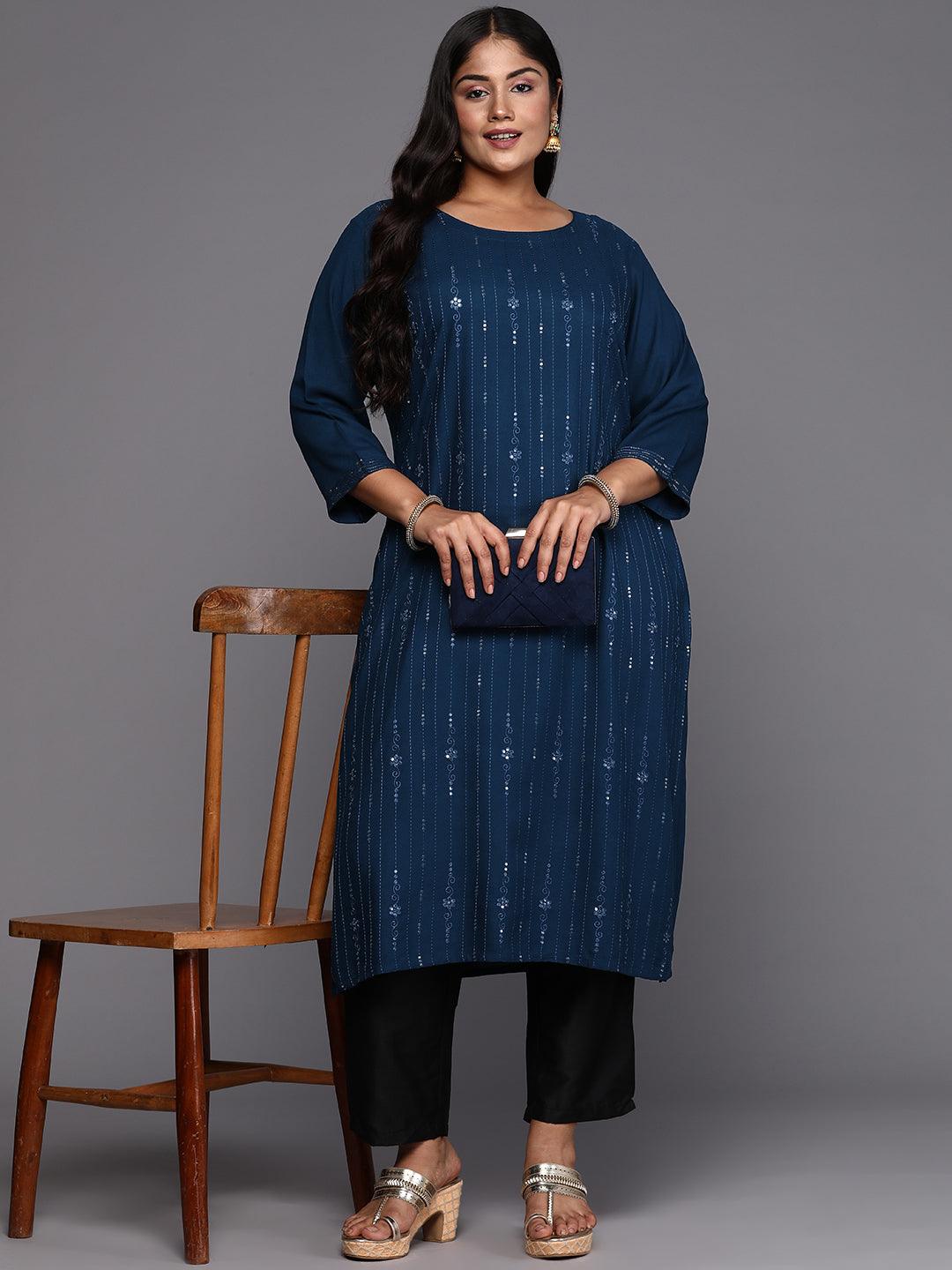 Blue Embroidered Rayon Straight Kurta - ShopLibas