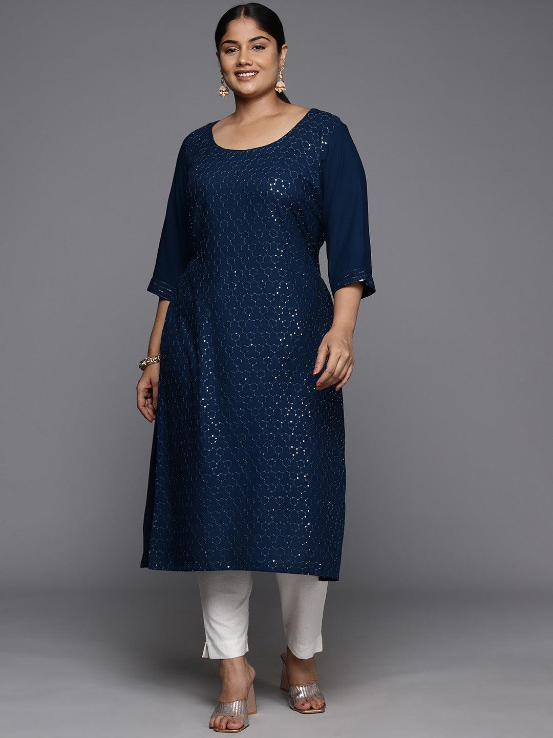 Plus Size Blue Rayon Embellished Straight Kurta - ShopLibas