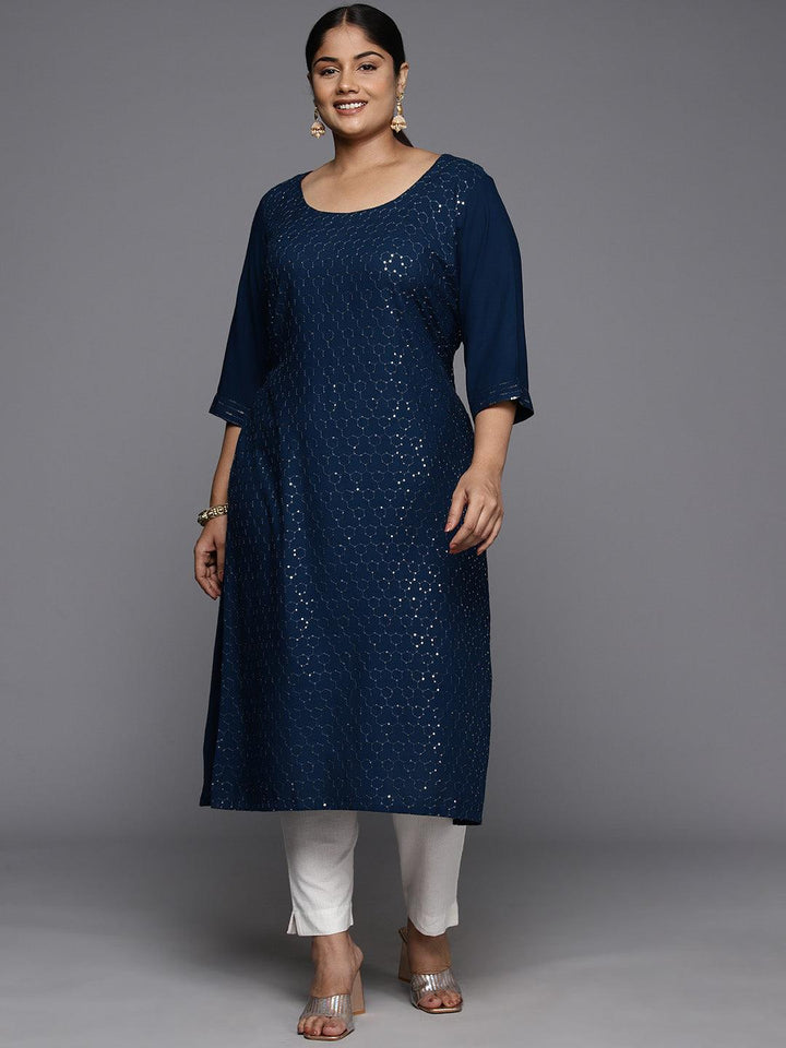 Plus Size Blue Rayon Embellished Straight Kurta - ShopLibas