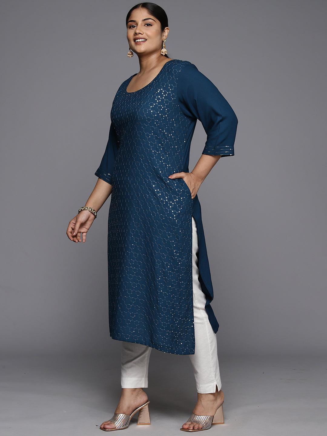 Plus Size Blue Rayon Embellished Straight Kurta - ShopLibas
