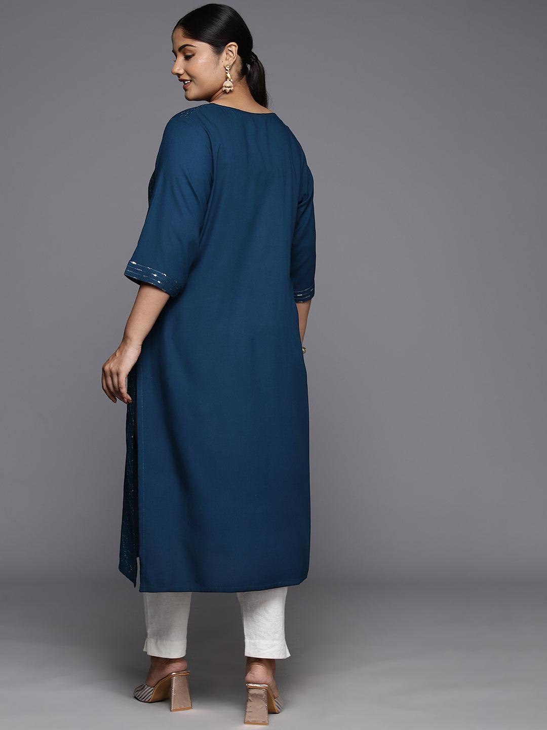 Plus Size Blue Rayon Embellished Straight Kurta - ShopLibas