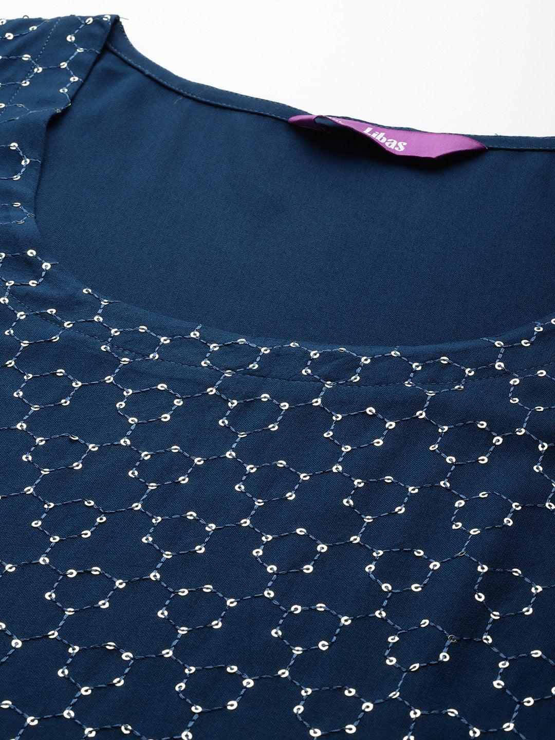 Plus Size Blue Rayon Embellished Straight Kurta - ShopLibas